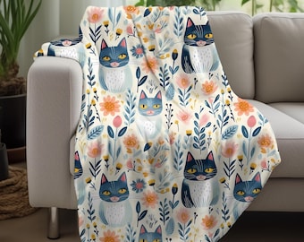 Cozy Cat Blanket, Floral Throw, Cats and Flowers, Fleece Sherpa or Soft Velveteen Plush Blanket, Warm Fleece Throw, Cat Decor, Cat Throw