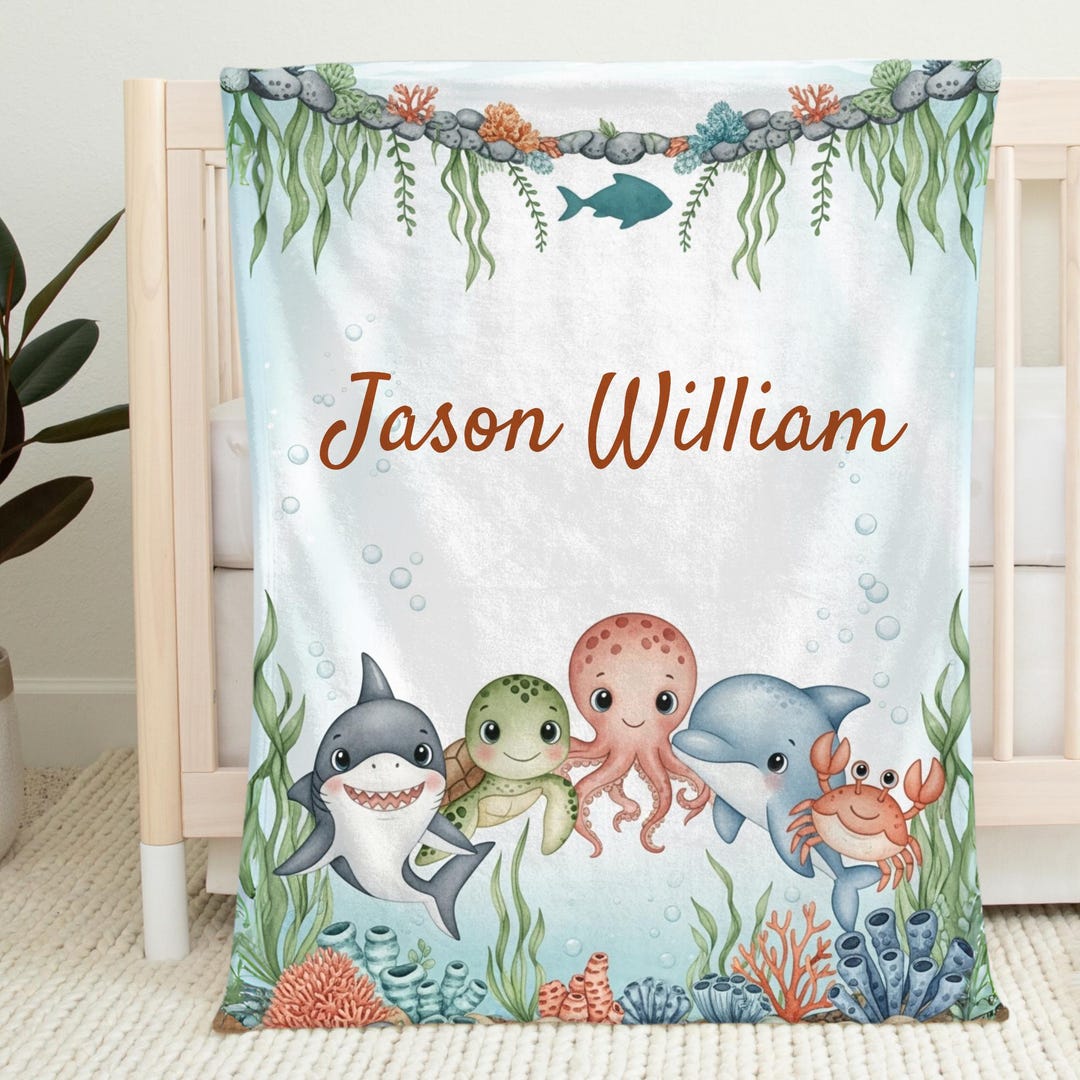 Personalized Under the Sea Baby Blanket, Custom Ocean Animal Nursery ...