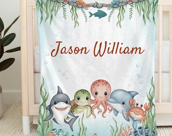Personalized Under the Sea Baby Blanket, Custom Ocean Animal Nursery Decor, Cute Nautical Baby Shower Blanket,  Baby Name Swaddle Gift