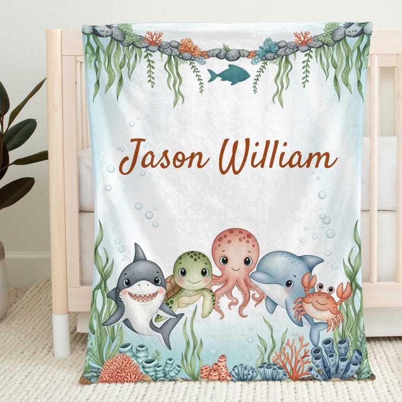 Personalized Under the Sea Baby Blanket, Custom Ocean Animal Nursery ...