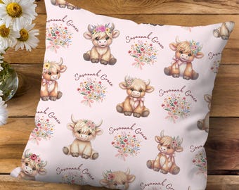 Personalized Highland Cow Pillowcase, Custom Faux Suede Throw Pillow Cover for Nursery Bedding or Kids Room Décor, Pink Highland Cow