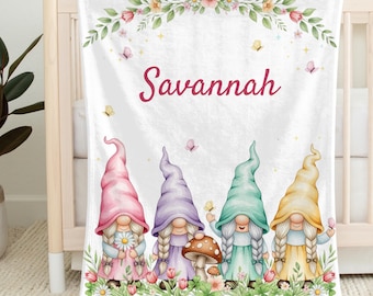 Personalized Whimsical Gnome Baby Blanket, Enchanted Pastel Gnomes Nursery Decor, Custom Baby Shower Gift for Girls, Fairy Garden Blanket