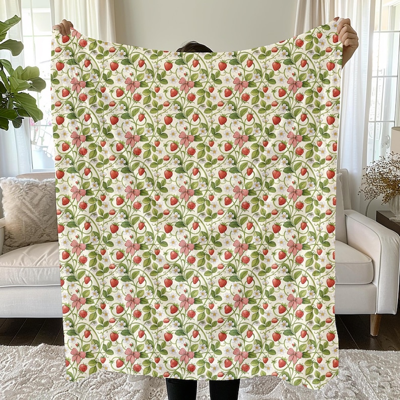Strawberry Plush Blanket, Cottagecore Gingham Bow Throw, Comfy Sofa Throw Blanket, Farmhouse Strawberry Decor, Soft Plush or Sherpa Fleece image 8