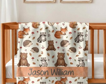 Personalized Woodland Baby Blanket, Custom Name Forest Animal Nursery Throw, Fox Bear Raccoon Crib Bedding, Neutral Baby Shower Gift