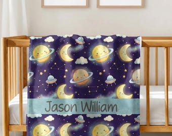 Personalized Space Baby Blanket, Custom Name Galaxy Nursery Blanket, Outer Space Baby Blanket Gift, Moon Stars Planet Baby Bedding