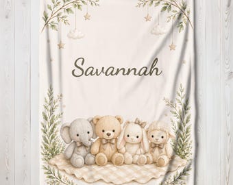 Sweet Stuffed Animal Baby Blanket, Personalized Name Blanket, Neutral Nursery Gift