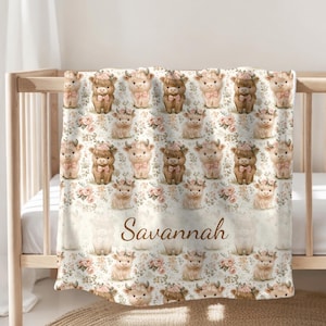 Highland Cow Personalized Baby Blanket, Customized Name Blanket, Highland Cow Personalized Throw, Cute Cow Nursery, Soft Velveteen Plush