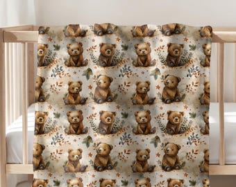 Woodland Bear Baby Blanket, Rustic Teddy Bear Blanket Blanket, Bear Baby Shower Gift,  Cozy Forest Nursery Decor, Soft Swaddle Blanket