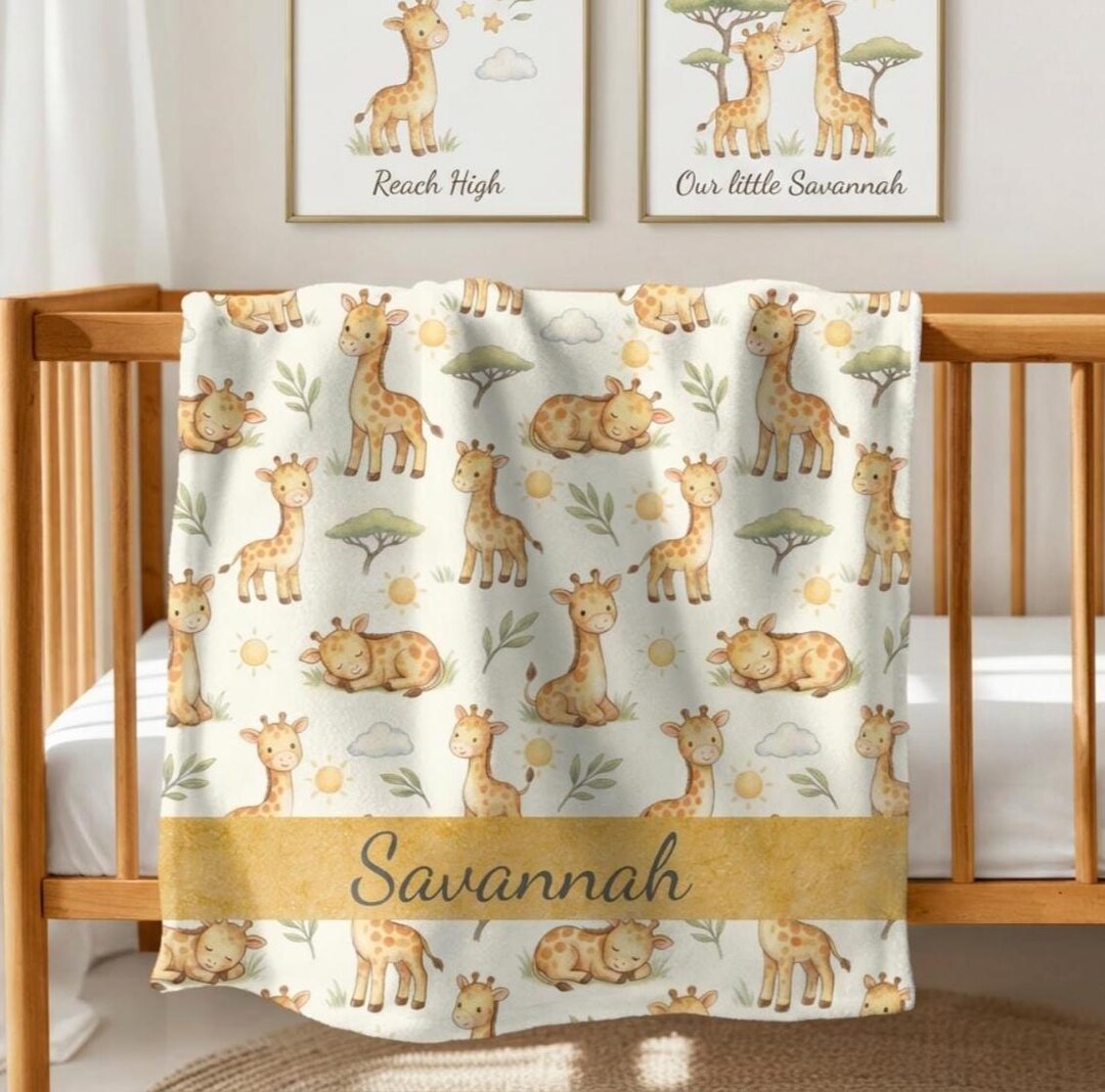 Personalized Giraffe Baby Blanket, Custom Name Safari Nursery Throw ...