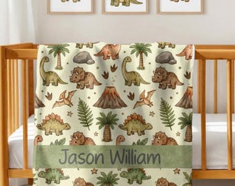 Personalized Dinosaur Baby Blanket, Custom Name Dino Nursery Blanket, Jurassic Baby Blanket Gift, Dinosaur Nursery Bedding for Boys