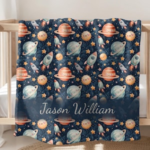 Personalized Space Baby Blanket, Custom Outer Space Throw, Rocket Ship Baby Boy Shower Gift,  Space Nursery Decor, Planets and Stars Swaddle