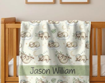Personalized Sloth Baby Blanket, Custom Name Jungle Nursery Blanket, Neutral Baby Name Blanket, Woodland Safari Infant Blanket Gift