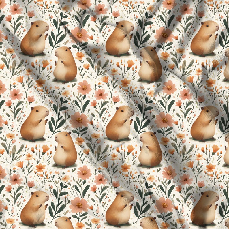 May include: A seamless pattern featuring a white background with a repeating design of brown guinea pigs and pink flowers. The guinea pigs are sitting upright with their paws raised, and the flowers are in various stages of bloom.