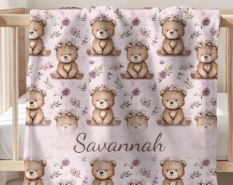 Boho Floral Bear Baby Blanket, Personalized Pink Teddy Bear Nursery Blanket, Woodland Animal Baby Shower Gift, Cute Baby Girl Swaddle