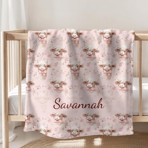 Highland Cow Personalized Baby Blanket, Customized Name Blanket, Highland Cow Personalized Throw, Cute Cow Nursery, Soft Velveteen Plush