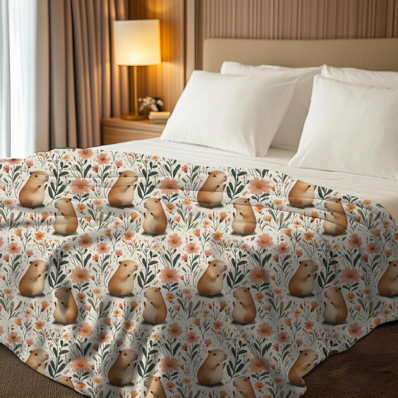 May include: A white duvet cover with a repeating pattern of brown guinea pigs and orange flowers. The guinea pigs are sitting up and looking to the right. The flowers are small and scattered throughout the pattern.