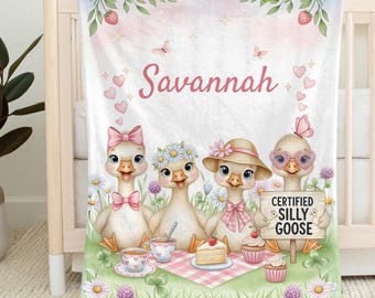Personalized Silly Goose Baby Blanket, Cute Geese Tea Party for Girls, Custom Name Blanket, Funny Goose Nursery Decor, Soft Farm Baby Shower