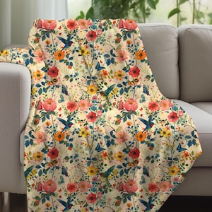 Cozy Bird and Flower Blanket, Colorful Bird Throw, Floral Blanket, Fleece Sherpa or Soft Velveteen Plush Blanket, Cute Throw, Whimsical Bird