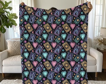 Celestial Tarot Cat Blanket, Witchy Blanket Decor, Black Cat and Tarot Plush Velveteen Throw Blanket, Dark Academia Blanket, Cat Lover Gift