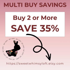 May include: A promotional graphic with text reading "MULTI BUY SAVINGS," "Buy 2 or More," and "SAVE 35%." A black bunny silhouette with colorful butterfly accents is featured. The Etsy shop URL is displayed at the bottom.