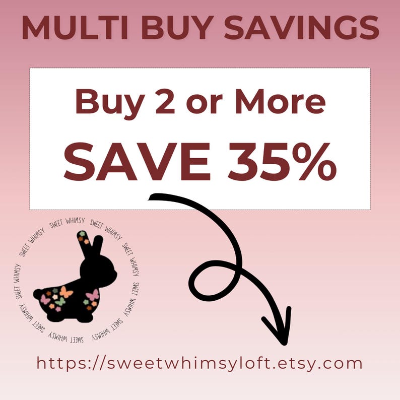 May include: A promotional graphic with text reading "MULTI BUY SAVINGS," "Buy 2 or More," and "SAVE 35%." A black bunny silhouette with colorful butterfly accents is featured. The Etsy shop URL is displayed at the bottom.