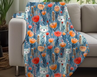 Cozy Cat Blanket, Floral Throw, Cats and Flowers, Fleece Sherpa or Soft Velveteen Plush Blanket, Warm Fleece Throw, Cat Decor, Cat Throw