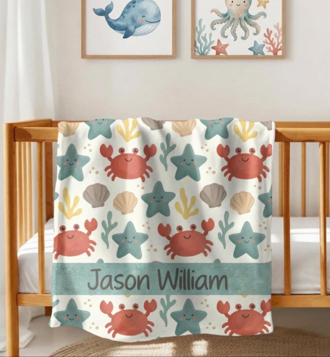 Personalized Ocean Baby Blanket, Custom Name Coastal Nursery Throw ...