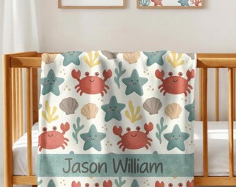 Personalized Ocean Baby Blanket, Custom Name Coastal Nursery Throw, Under the Sea Crab Starfish Crib Bedding, Beach Baby Shower Gift