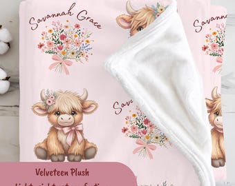Custom Highland Cow Blanket, Boho Floral Baby Name Blanket, Personalized Wildflower Baby Shower Gift, Velveteen or Sherpa Throw Baby Swaddle