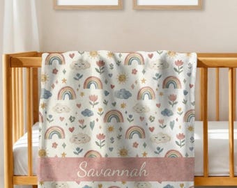 Personalized Rainbow Baby Blanket, Custom Name Neutral Nursery Blanket, Boho Baby Name Blanket, Sun Cloud Infant Gift