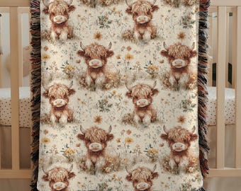 Highland Cow Woven Baby Blanket,  Highland Cow Tapestry, Cow Woven Blanket, Highland Cow Nursery Tapestry Wall Art, Cottagecore Farm Decor