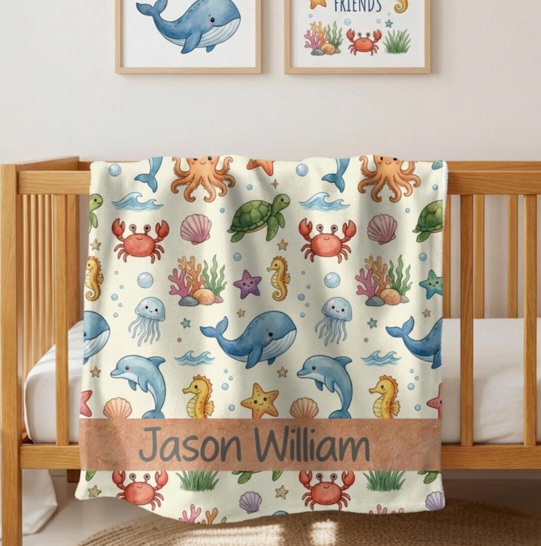 Personalized Ocean Baby Blanket, Custom Name Sea Animal Nursery Blanket ...