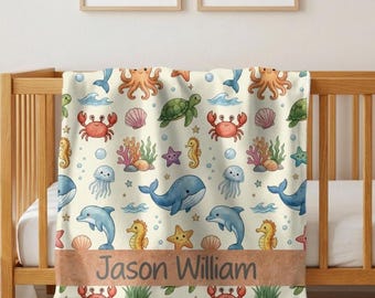 Personalized Ocean Baby Blanket, Custom Name Sea Animal Nursery Blanket, Under the Sea Baby Blanket Gift, Coastal Nursery Bedding