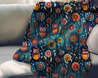 Cozy Owl Blanket, Floral Throw, Owls and Flowers, Fleece Sherpa or Soft Velveteen Plush, Warm Fleece Throw, Home Decor, Cute Throw Blanket