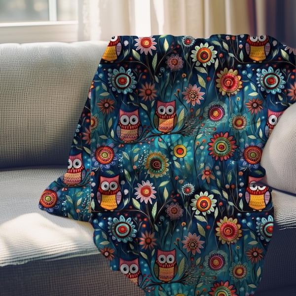 Cozy Owl Blanket, Floral Throw, Owls and Flowers, Fleece Sherpa or Soft Velveteen Plush, Warm Fleece Throw, Home Decor, Cute Throw Blanket