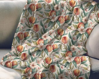 Vintage Floral Peach Throw Blanket, Romantic Farmhouse Aesthetic Blanket, Cottagecore Peach Blossom Velveteen Blanket, Fruit or Picnic Lover