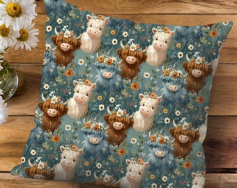 Highland Cow Pillow Cover, Faux Suede Farm Animal Nursery Décor, Cute Cow Throw Pillow for Baby Room, Rustic Farmhouse Kids Bedding Accent