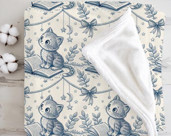 Blue Toile Kitten Baby Blanket, French Country Nursery Blanket, Vintage Cat Design, Gender Neutral Baby Shower Gift Elegant Heirloom Blanket