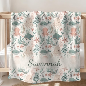 Personalized Ocean Baby Blanket, Custom Under the Sea Blanket, Velveteen Baby Shower Gift, Sea Animal Nursery Decor, Baby Name Swaddle
