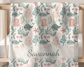 Personalized Ocean Baby Blanket, Custom Under the Sea Blanket, Velveteen Baby Shower Gift, Sea Animal Nursery Decor, Baby Name Swaddle