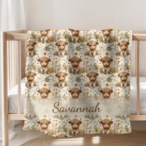 Highland Cow Personalized Baby Blanket, Customized Name Blanket, Highland Cow Personalized Throw, Cute Cow Nursery, Soft Velveteen Plush