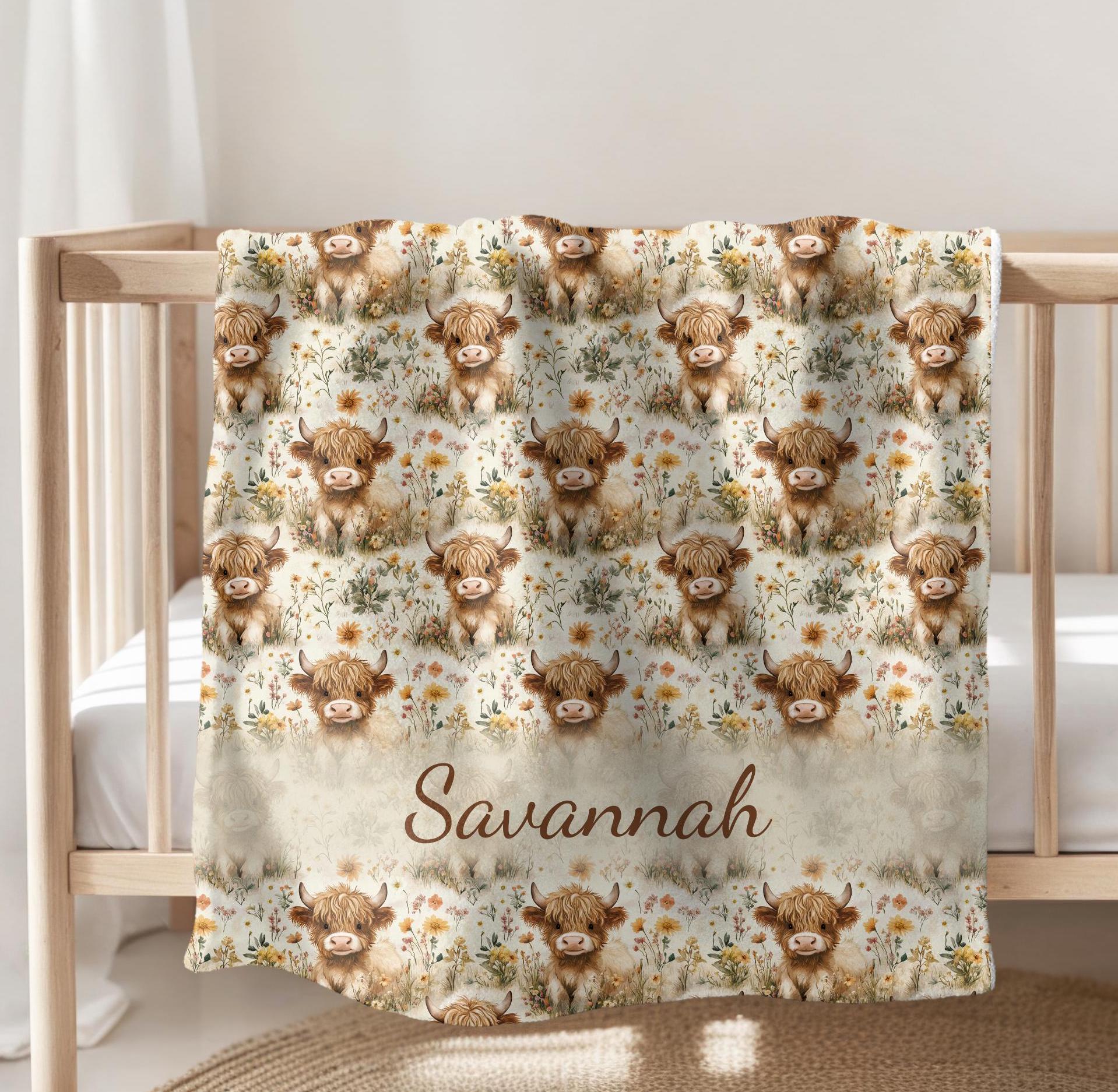 Highland Cow Personalized Baby Blanket, Customized Name Blanket, Highland Cow Personalized Throw, Cute Cow Nursery, Soft Velveteen Plush