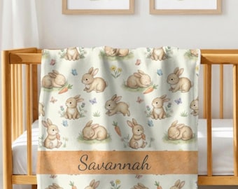 Personalized Bunny Baby Blanket, Custom Name Rabbit Nursery Throw, Woodland Bunny Crib Bedding, Easter Baby Gift, Neutral Baby Blanket