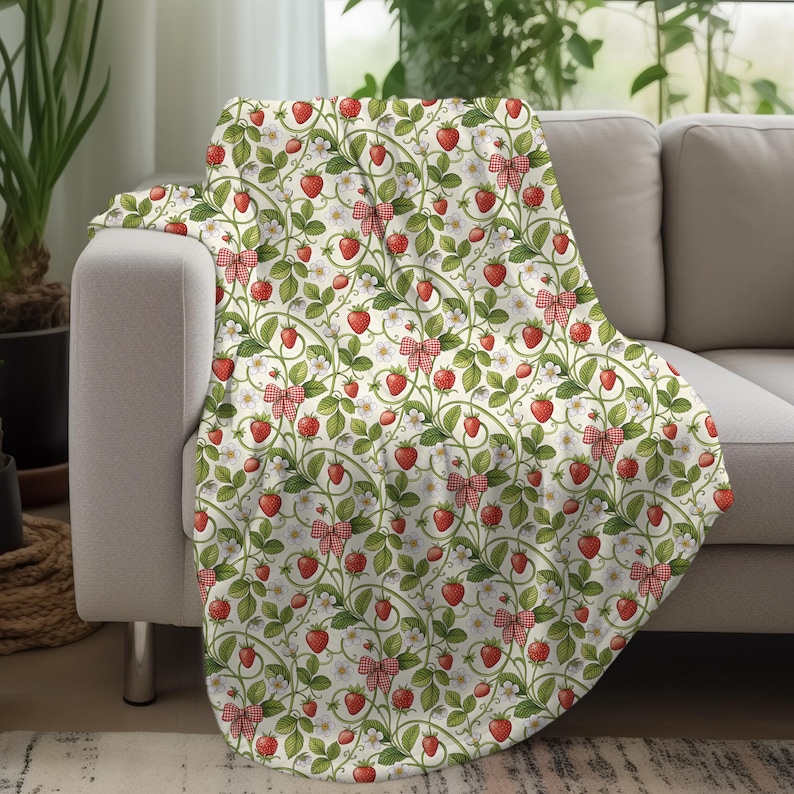 Strawberry Plush Blanket, Cottagecore Gingham Bow Throw, Comfy Sofa Throw Blanket, Farmhouse Strawberry Decor, Soft Plush or Sherpa Fleece image 7
