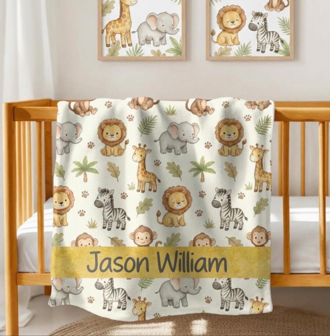 Personalized Safari Animal Baby Blanket, Custom Name Jungle Nursery ...