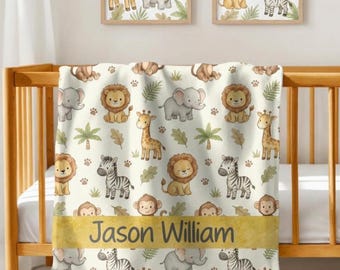 Personalized Safari Animal Baby Blanket, Custom Name Jungle Nursery Throw, Neutral Lion Elephant Giraffe Crib Bedding, Baby Shower Gift