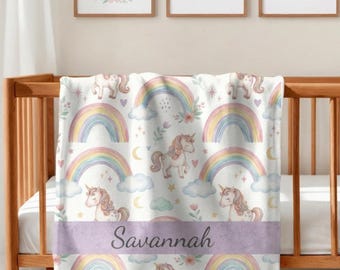 Personalized Unicorn Baby Blanket, Custom Name Rainbow Nursery Blanket, Baby Girl Name Blanket, Pastel Unicorn Infant Gift