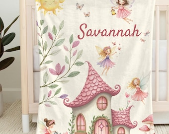 Personalized Fairy Garden Blanket Blanket, Custom Fairy House Blanket for Girls, Enchanted Nursery Decor Fairy Baby Shower Gift Toddler Gift