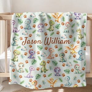 Personalized Dinosaur Baby Blanket, Custom Name Dino Nursery Decor, Pastel Dinosaur Bedding, Cute Dina Baby Shower Gift, Prehistoric Gift