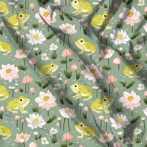 May include: A seamless pattern featuring green frogs with white spots on a light green background. The pattern also includes pink and white flowers.